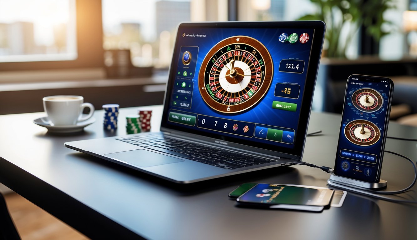 Seseorang sedang menggunakan laptop dan ponsel untuk bermain roulette online di meja kerja yang rapi dengan chip poker dan kartu remi di sekitarnya.