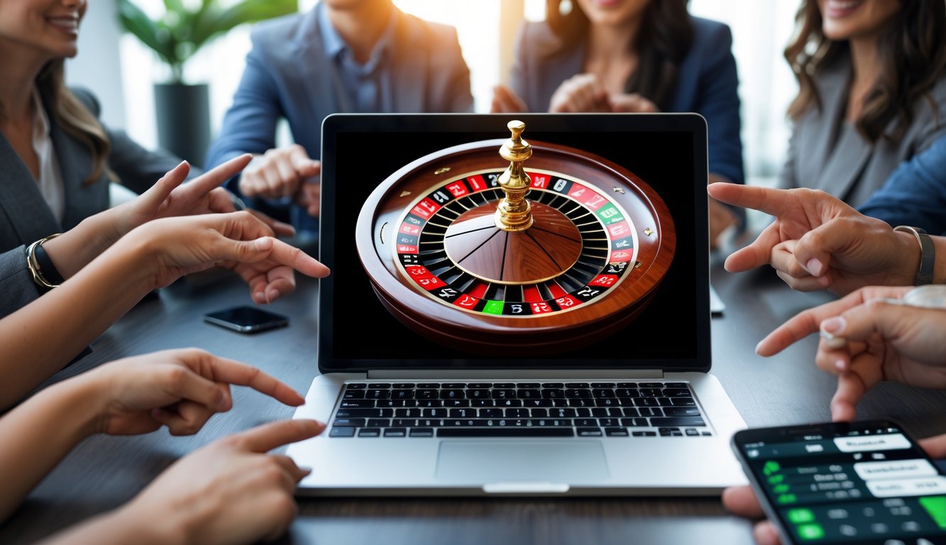Beberapa orang sedang bermain roulette online di depan layar komputer dengan roda roulette digital yang berwarna-warni.