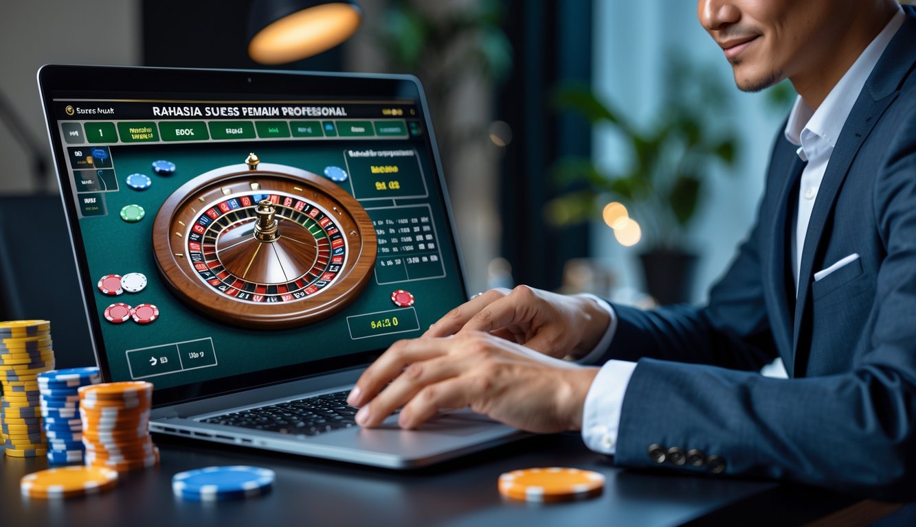 Seorang pemain profesional duduk di depan laptop yang menampilkan roda roulette online dengan chip warna-warni di meja, di dalam ruangan kantor rumah yang nyaman.