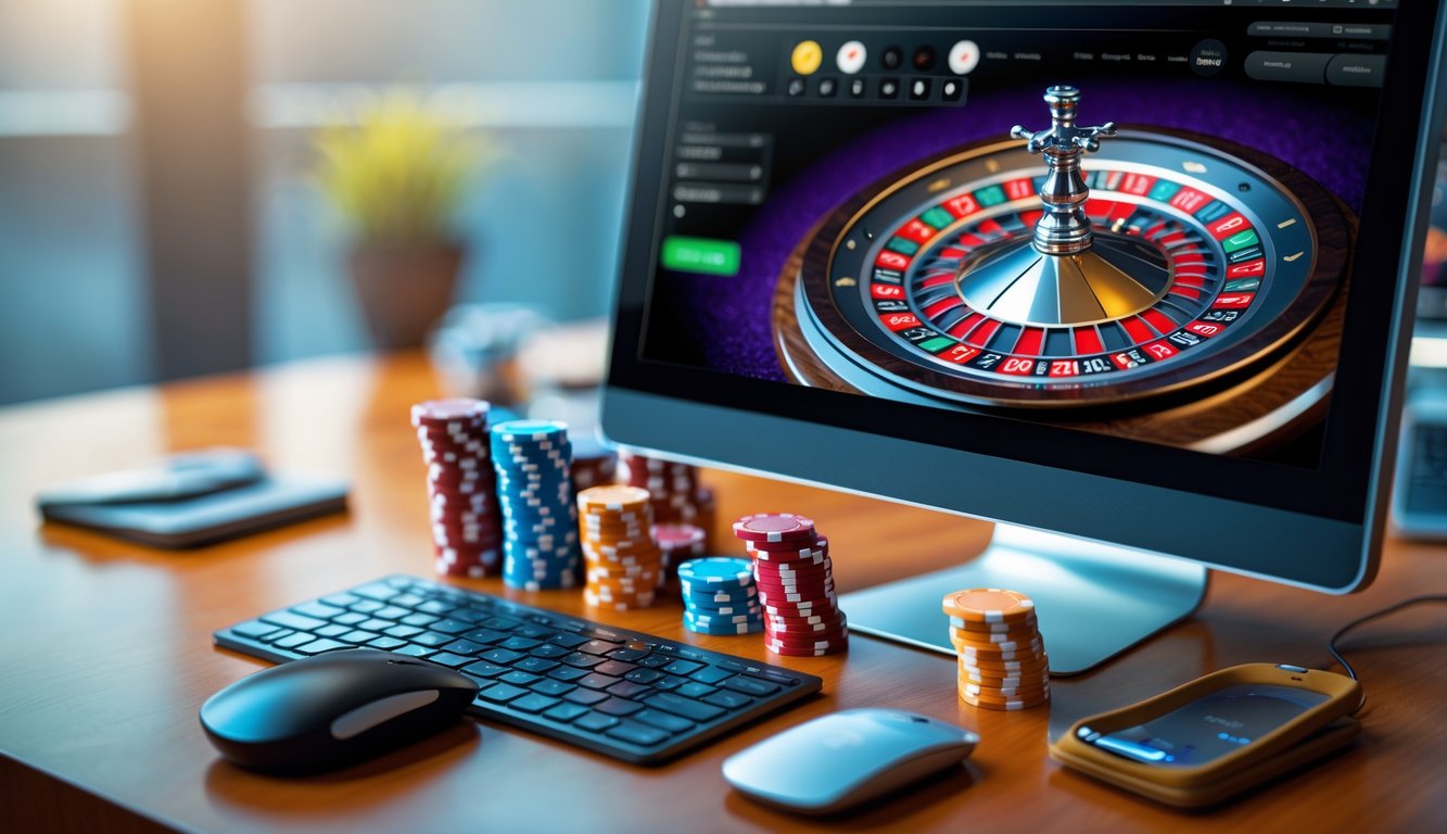 Sebuah layar komputer menampilkan permainan roulette online dengan roda roulette berputar dan tumpukan chip taruhan di meja kayu.