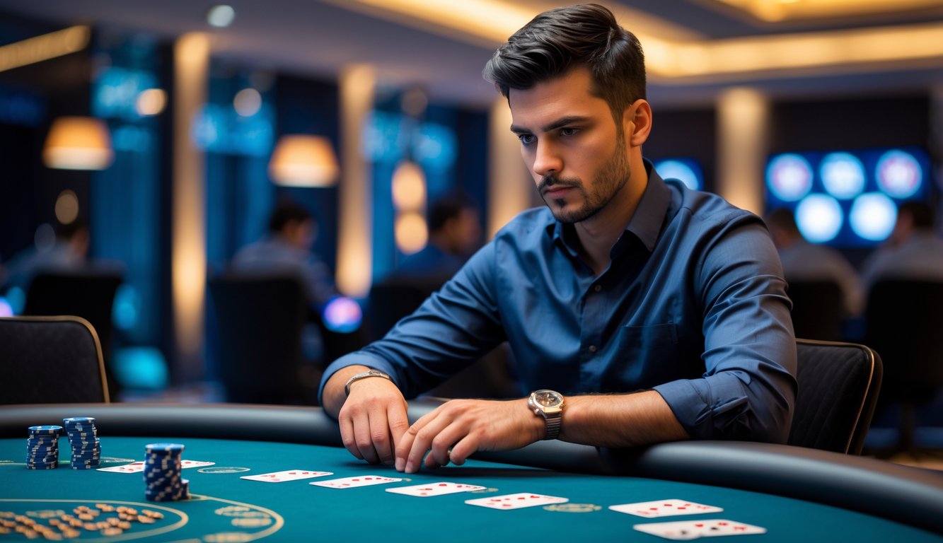 Seorang pria fokus duduk di meja poker dengan chip dan kartu bermain, mempersiapkan langkah berikutnya dalam suasana ruangan modern.