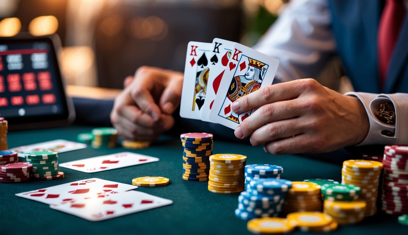 Meja poker dengan kartu dan chip tertata rapi, tangan memegang kartu, suasana fokus dan strategis.