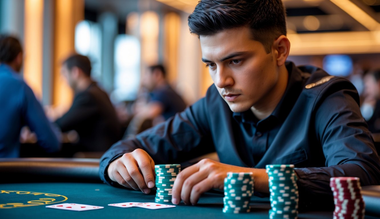 Seorang pemain poker serius duduk di meja poker dengan kartu dan tumpukan chip di depan, di dalam suasana kasino yang ramai.