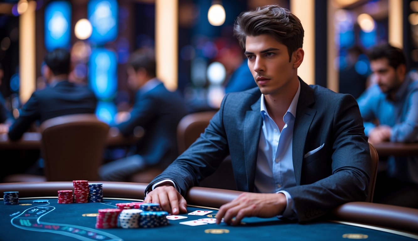 Seorang pria muda duduk di meja poker modern di kasino, fokus dan strategis dengan kartu dan chip di depannya.