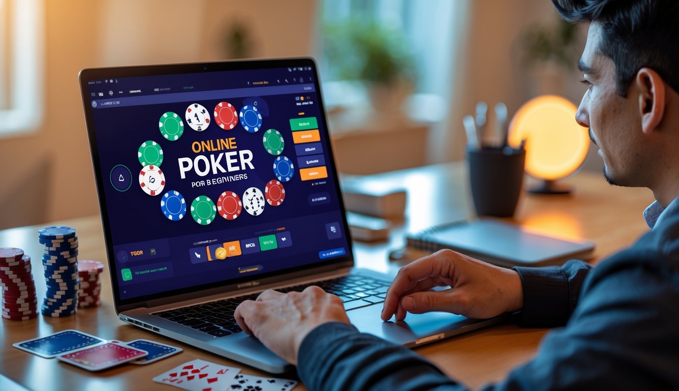 Seorang pemuda duduk di meja dengan laptop yang menampilkan permainan poker online, dikelilingi oleh chip poker, kartu, dan buku catatan di ruang kerja yang nyaman.