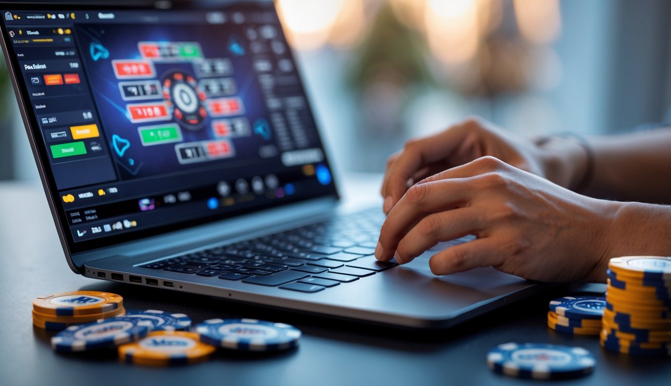Seseorang bermain poker online di depan laptop dengan kartu dan tumpukan chip poker di meja.