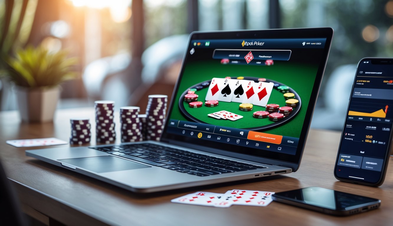 Seorang pemain poker online menggunakan laptop dengan tumpukan chip poker dan kartu di meja kayu, suasana tenang dan fokus.