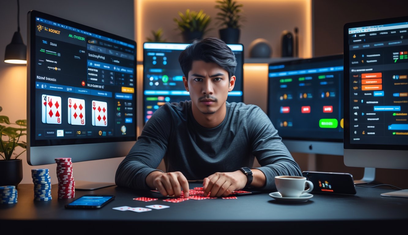 Seorang pria muda fokus bermain poker online di depan beberapa layar komputer dengan tumpukan chip poker di meja.