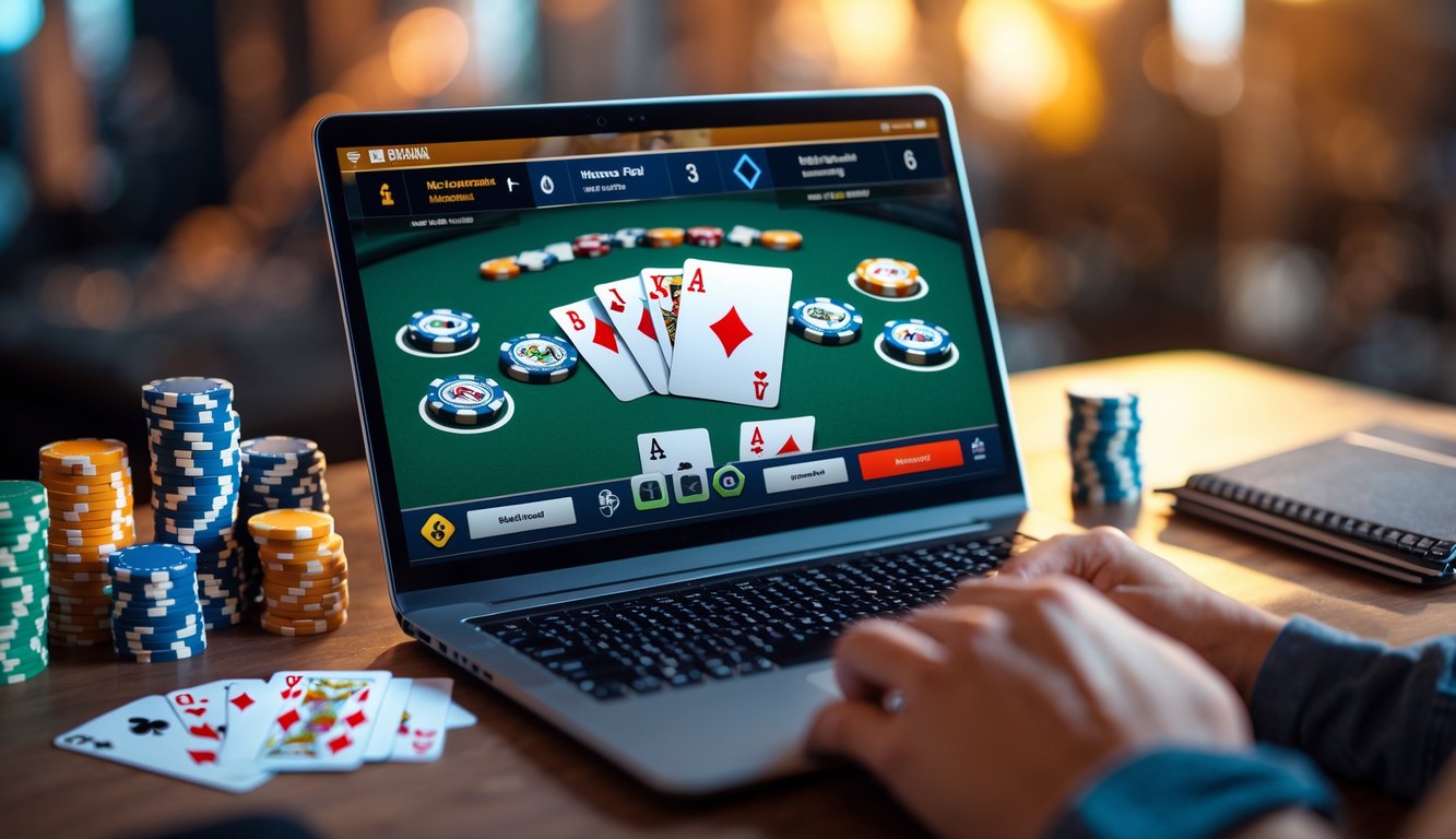 Sebuah meja dengan komputer menampilkan permainan poker online, tumpukan chip poker, kartu bermain, dan tangan pemain yang memegang kartu.
