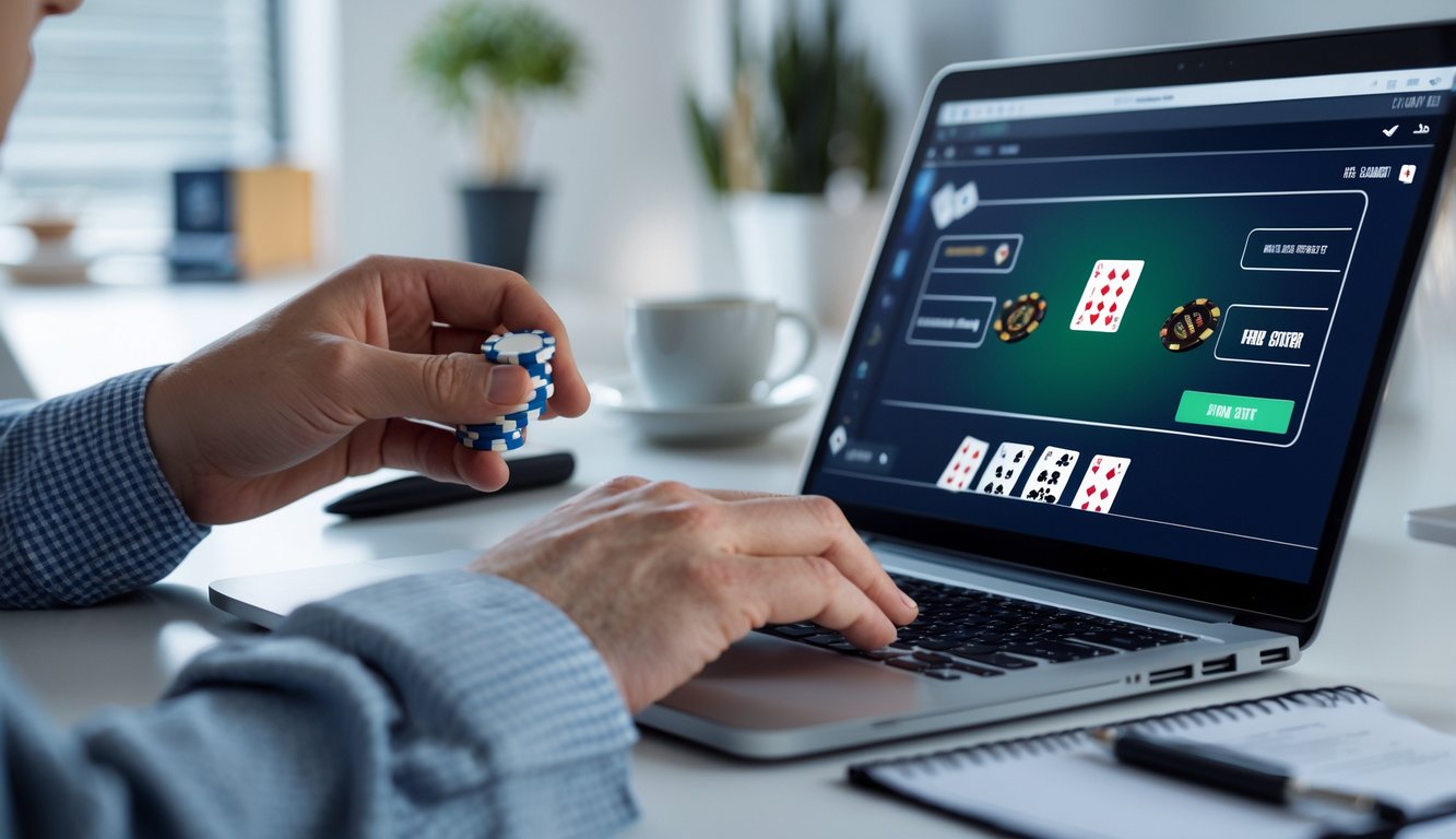 Seorang pria duduk di depan laptop bermain poker online dengan ekspresi fokus, memegang chip poker di tangan, di ruang kerja yang rapi dan terang.