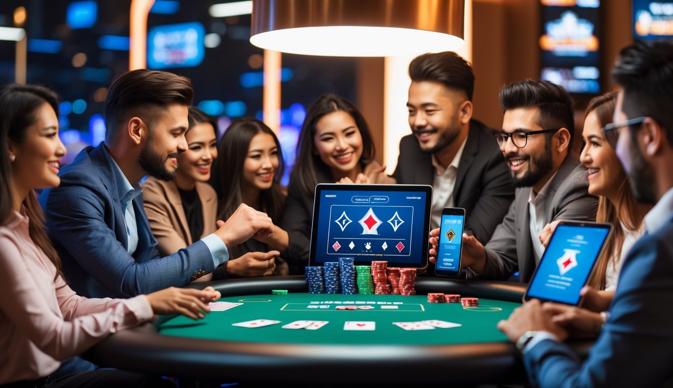 Beberapa orang sedang bermain poker online bersama di meja dengan kartu, chip, dan perangkat digital di ruangan yang terang dan nyaman.
