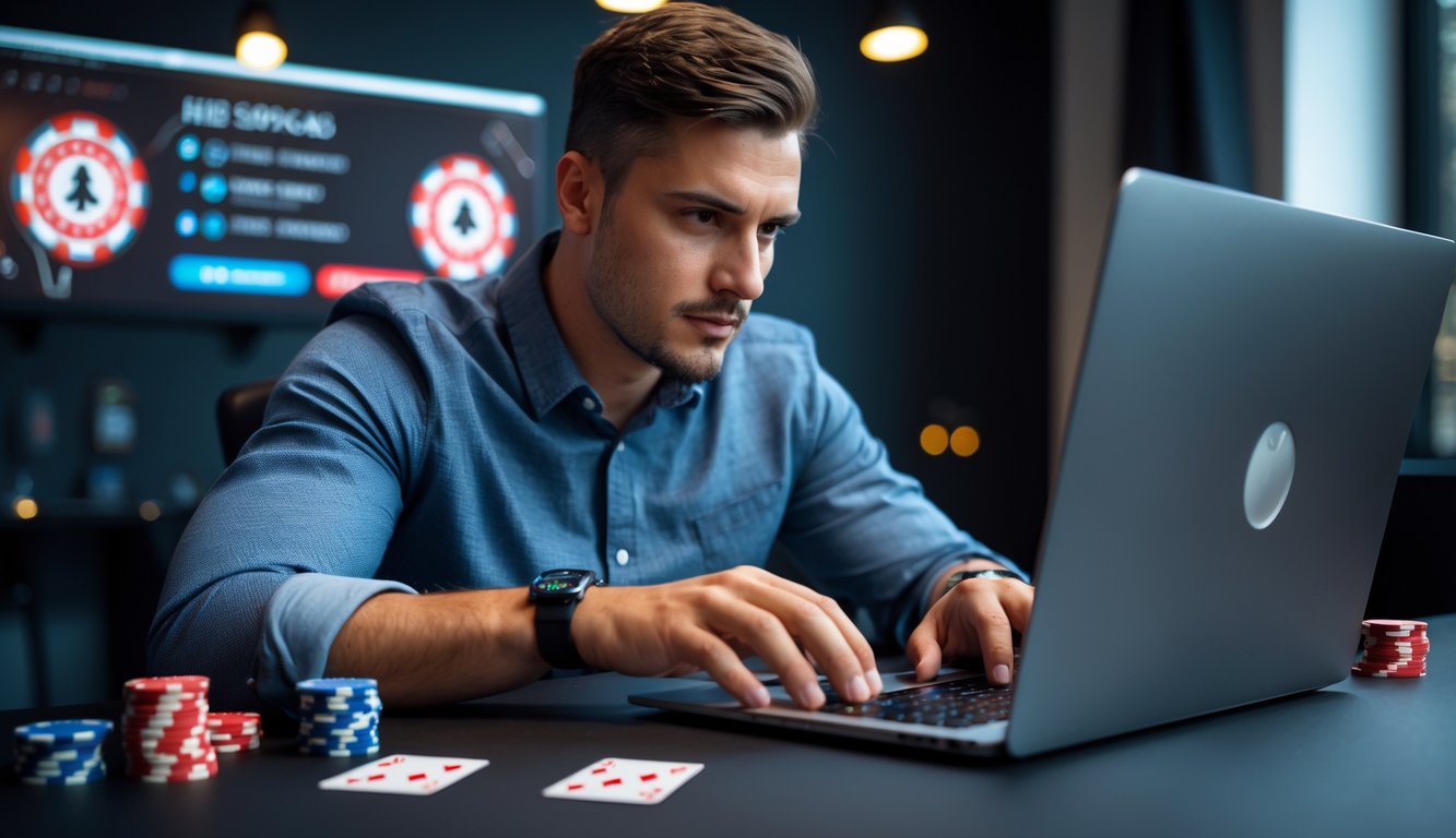 Seorang pria fokus bermain poker online di depan laptop dengan chip dan kartu poker di meja.