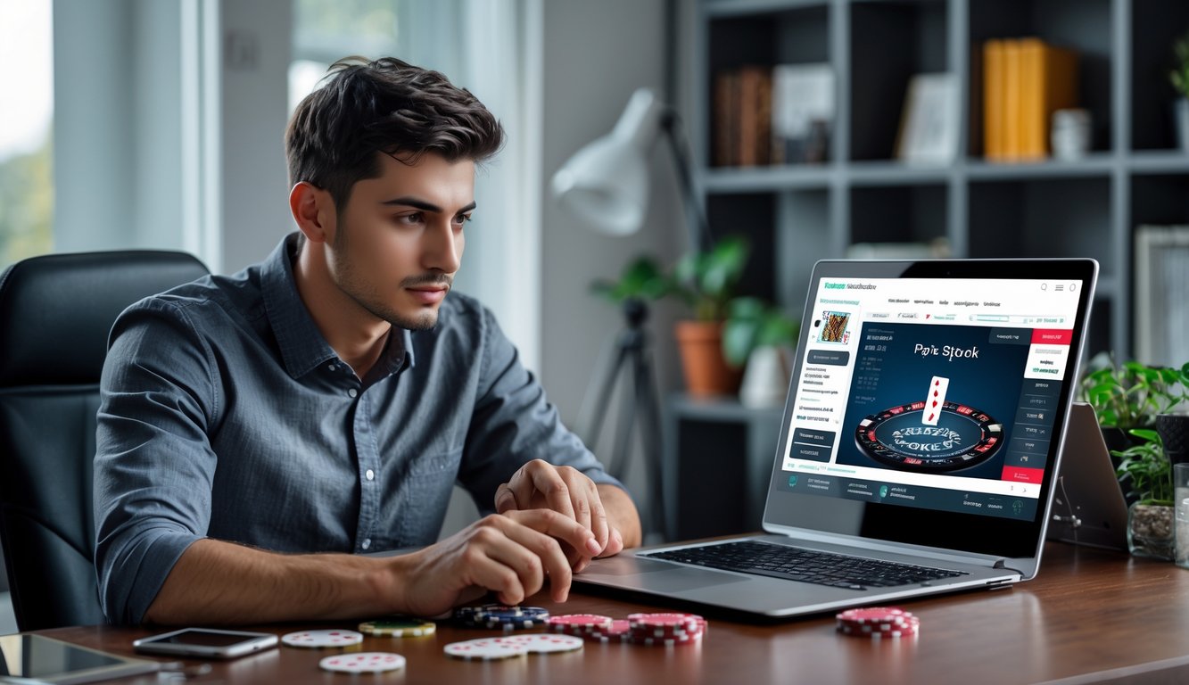 Seorang pria muda duduk di meja dengan laptop, fokus bermain poker online dan mengelola taruhan serta risiko.