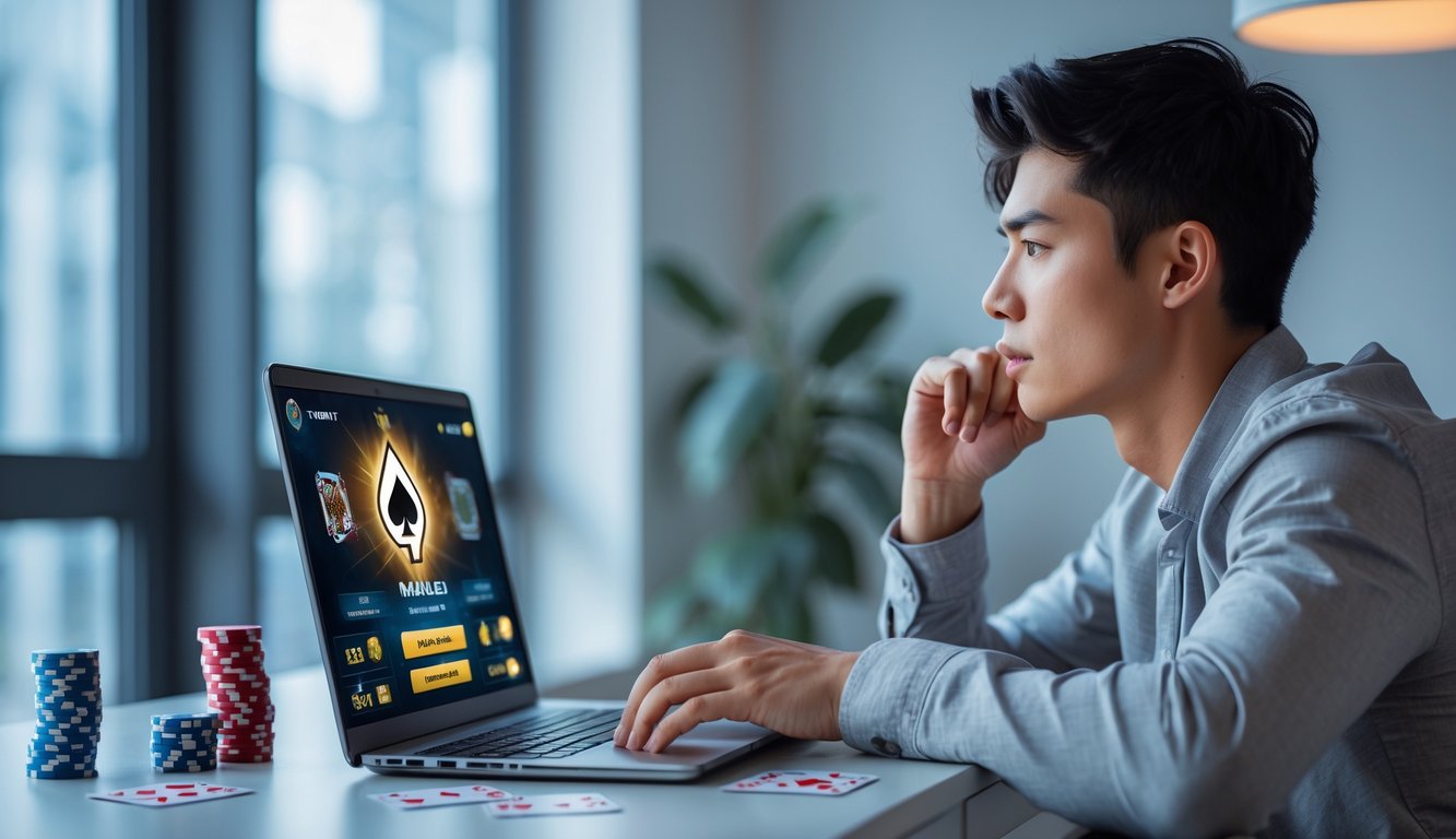 Seorang dewasa muda fokus bermain poker online di laptop di ruangan modern dengan tumpukan chip poker dan kartu di meja.