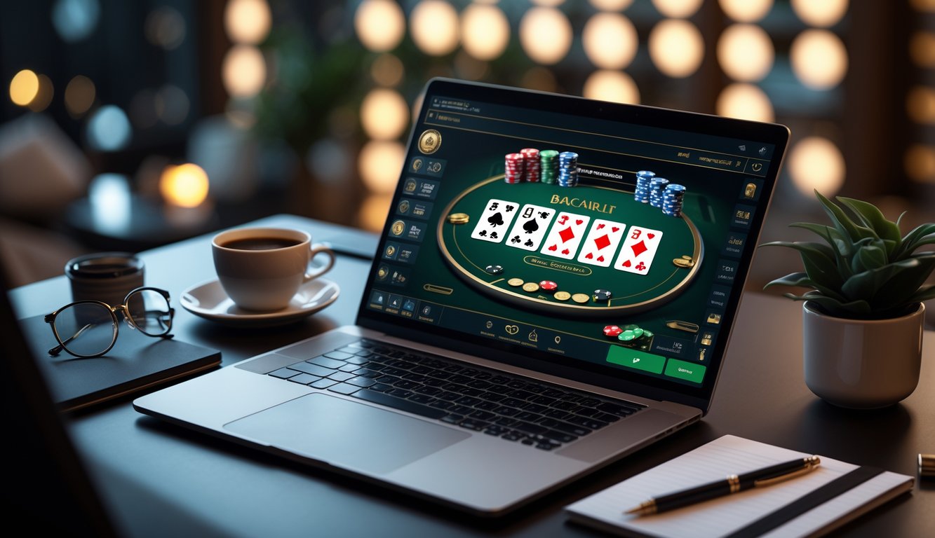 Seorang pria sedang belajar bermain baccarat online menggunakan laptop di meja dengan cangkir kopi dan alat tulis.