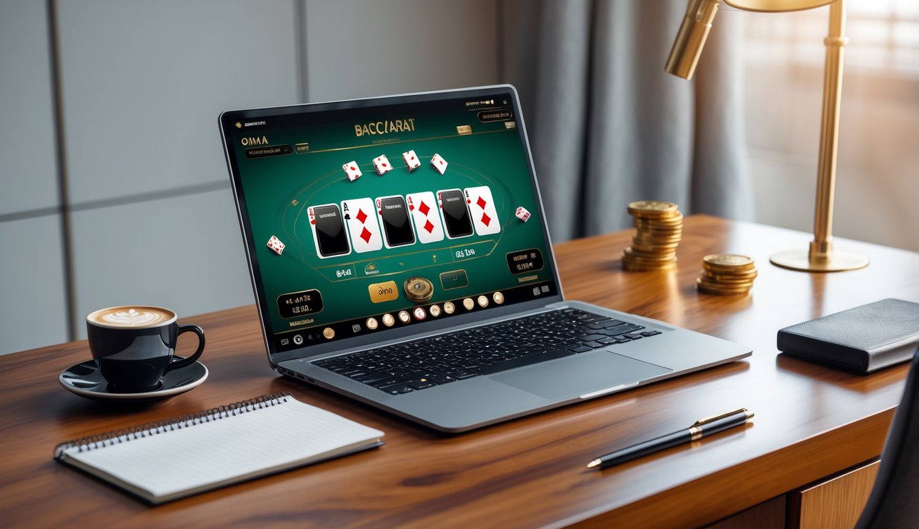 Sebuah meja kerja dengan komputer menampilkan permainan baccarat online, secangkir kopi, dan buku catatan dengan pena.