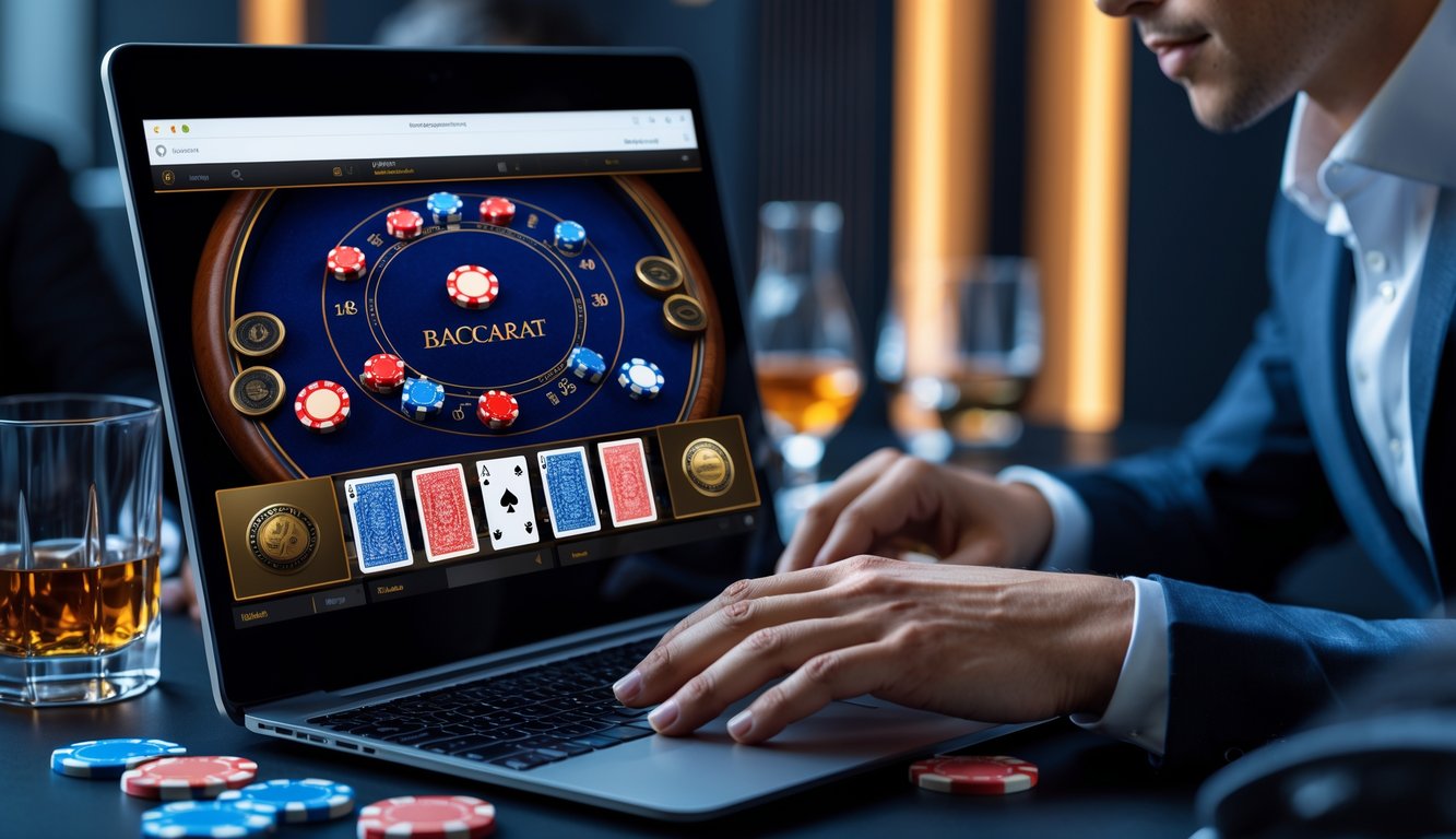 Seorang pemain fokus menggunakan laptop dengan tampilan permainan baccarat online dan chip di meja.