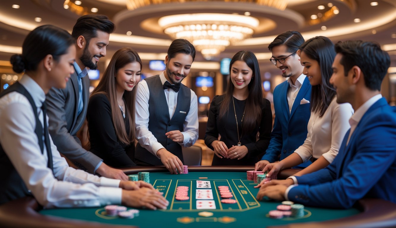 Suasana di meja baccarat di kasino dengan beberapa orang belajar bermain bersama dealer.