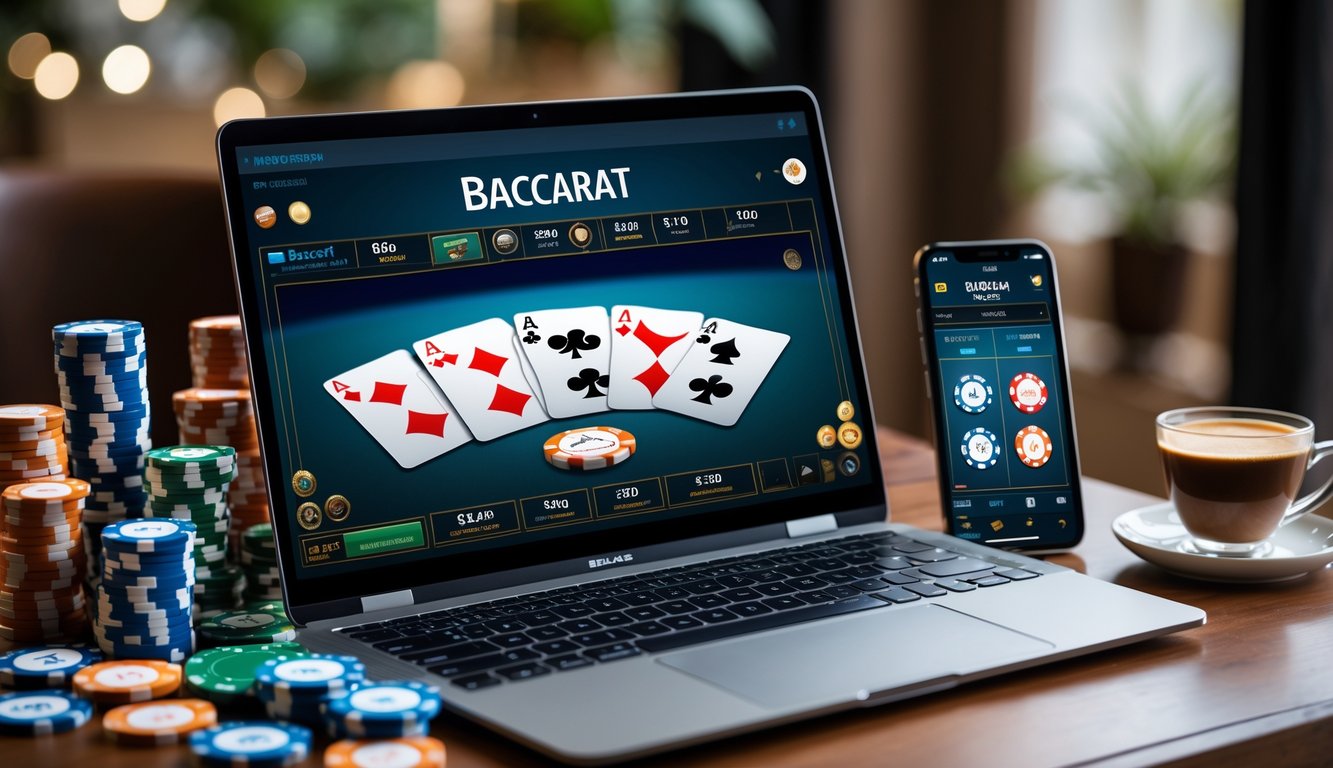 Sebuah laptop menampilkan permainan baccarat online dengan chip kasino dan ponsel di atas meja kayu.