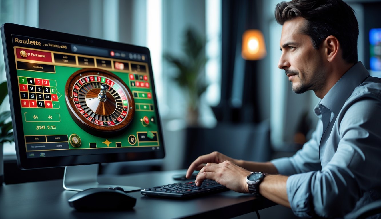Seorang pria fokus bermain roulette online di depan layar komputer di ruang kerja yang rapi dan terang.