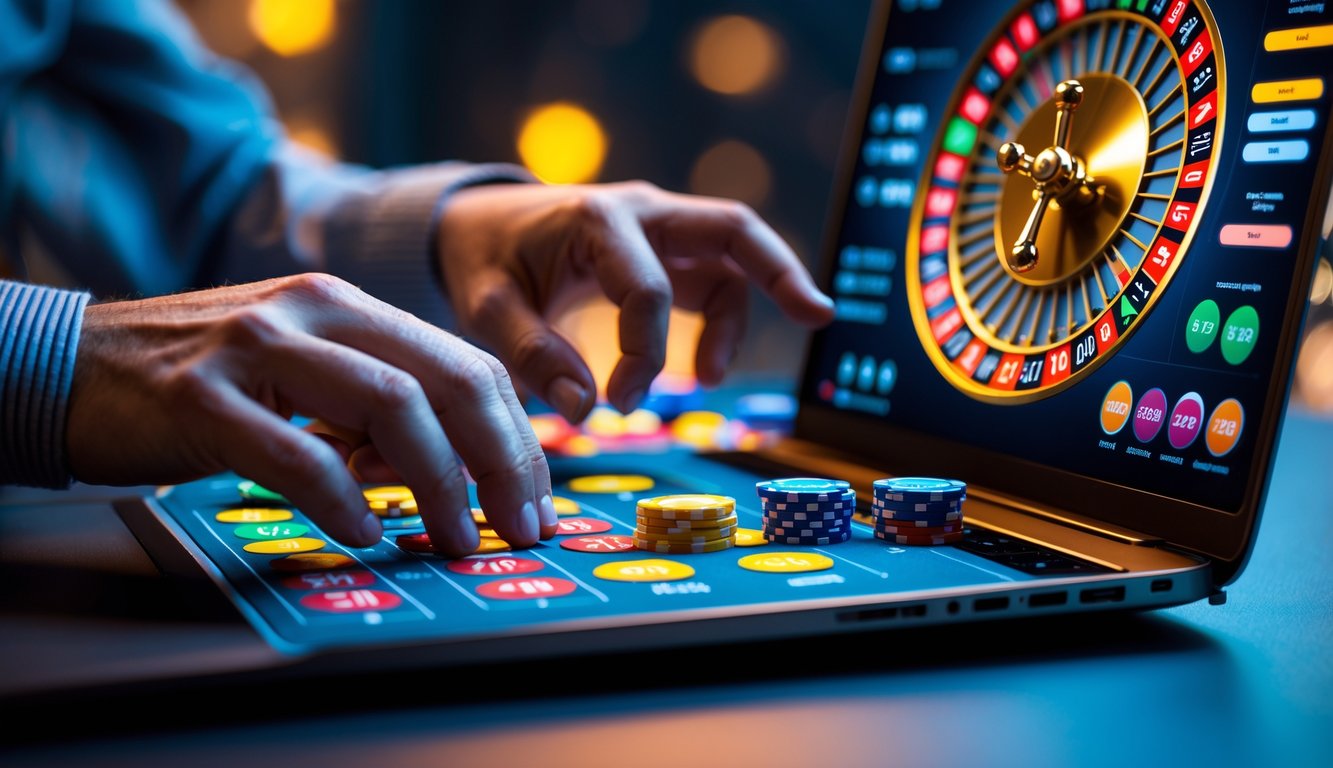 Seorang pemain fokus menggunakan komputer untuk bermain roulette online dengan roda roulette digital dan chip taruhan warna-warni terlihat di layar.