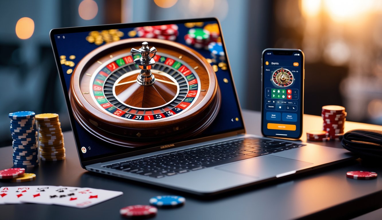 Sebuah meja dengan komputer menampilkan roda roulette online, dikelilingi chip dan kartu bermain.