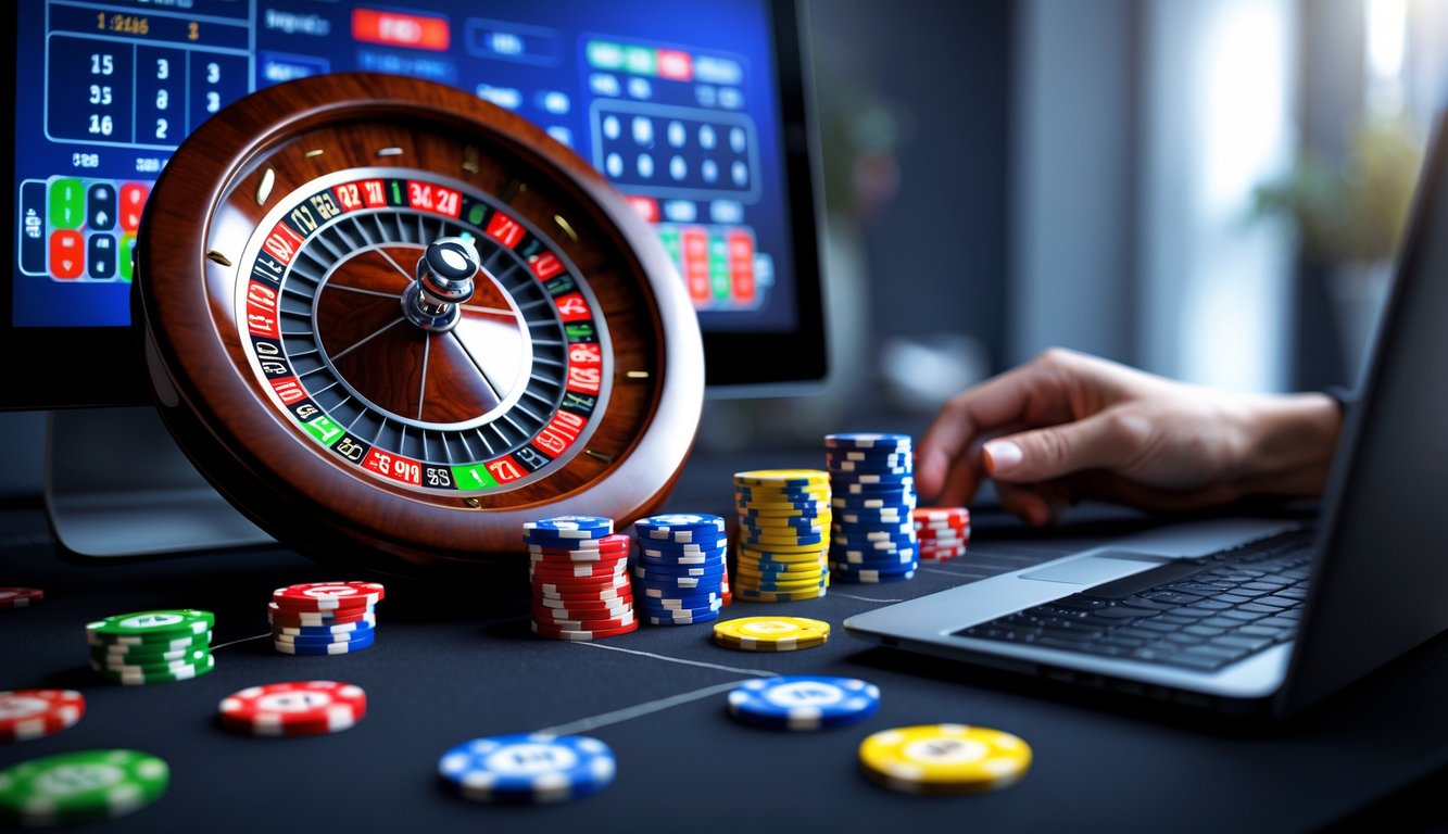 Sebuah layar komputer menampilkan roda roulette online dengan chip taruhan berwarna-warni yang ditempatkan di meja taruhan digital.