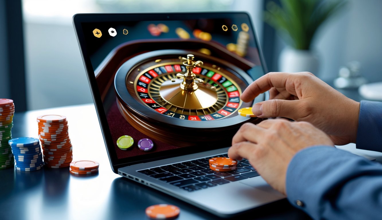 Seseorang sedang memasang taruhan pada permainan roulette online di depan laptop di atas meja bersih.