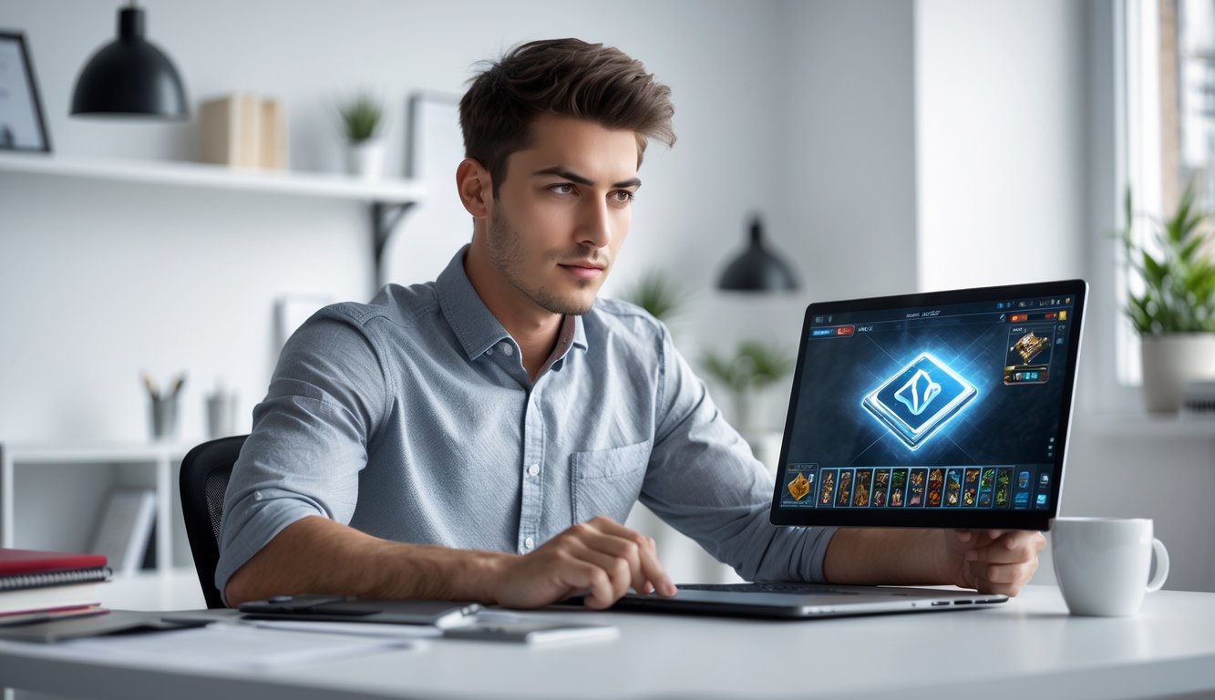 Seorang pria muda duduk di meja dengan laptop, fokus memikirkan strategi permainan online.