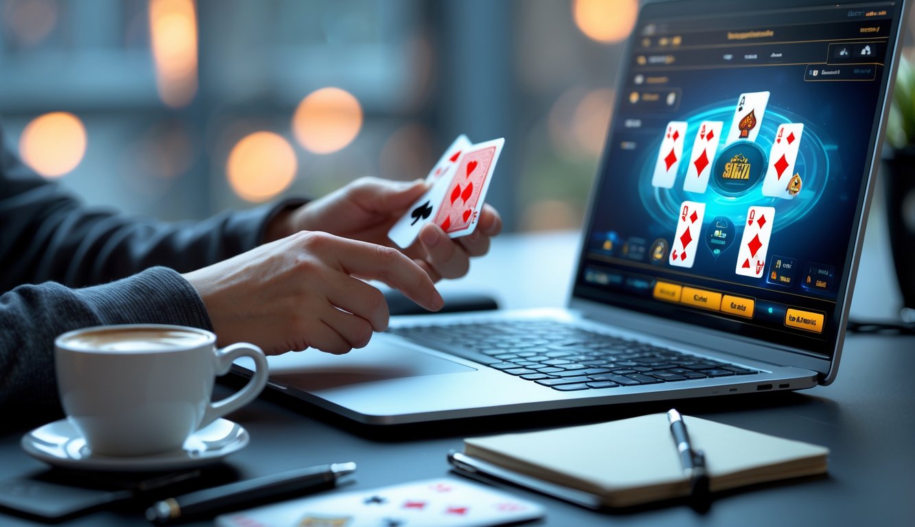 Seorang pemain sedang fokus bermain kartu online di depan komputer dengan kartu di tangan dan layar menampilkan permainan kartu digital.