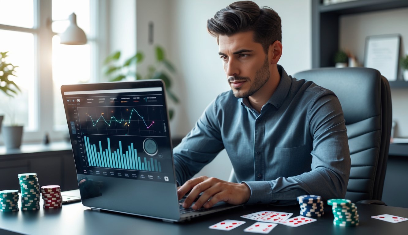 Seorang pria muda duduk di meja kerja dengan laptop dan alat taruhan online di ruang kerja yang terang dan rapi.
