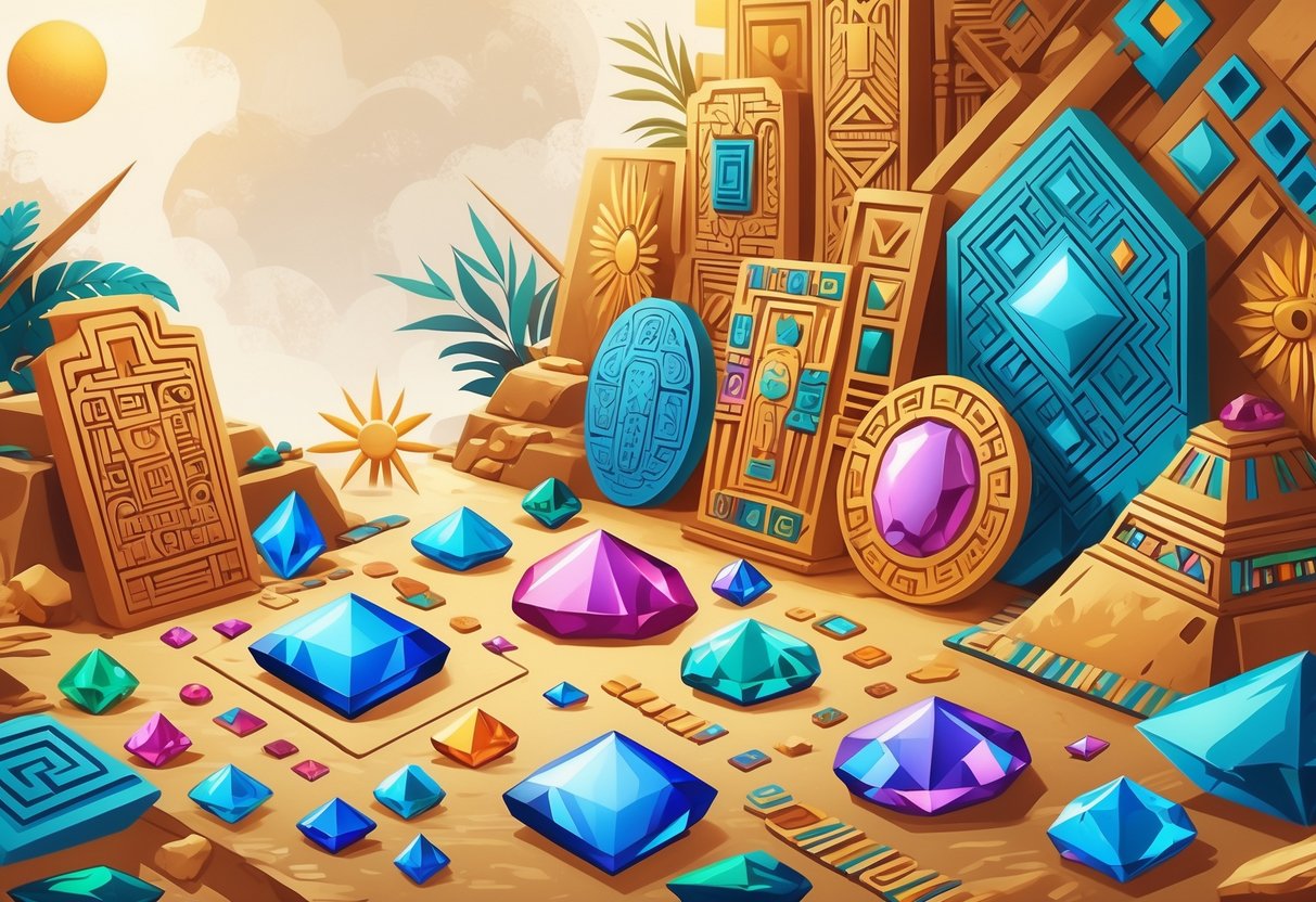 Ilustrasi yang menampilkan pola dan simbol Aztec dengan batu permata berwarna-warni dan artefak kuno di latar belakang berwarna hangat.