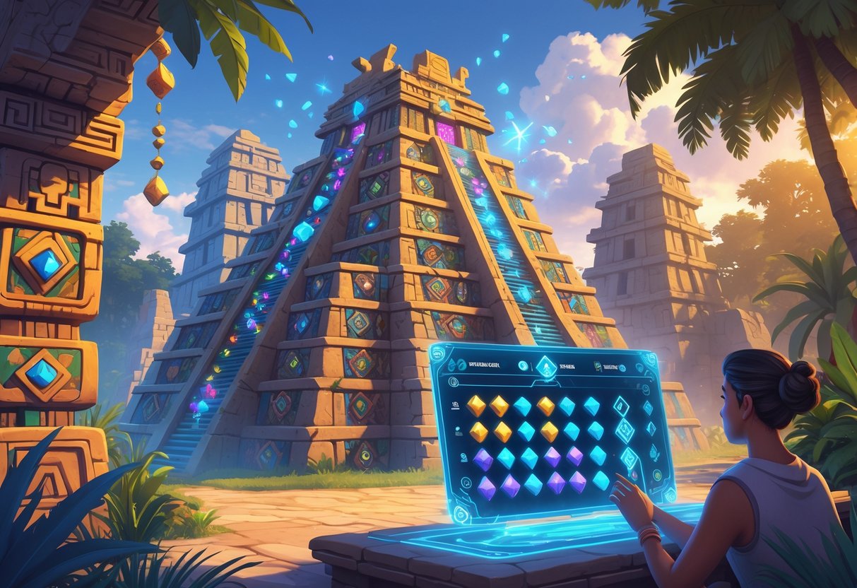 Ilustrasi sebuah kuil Aztec dengan permata berwarna-warni, simbol dan pola tradisional di sekitarnya, serta seorang pemain yang sedang mempelajari strategi permainan di depan kuil tersebut.
