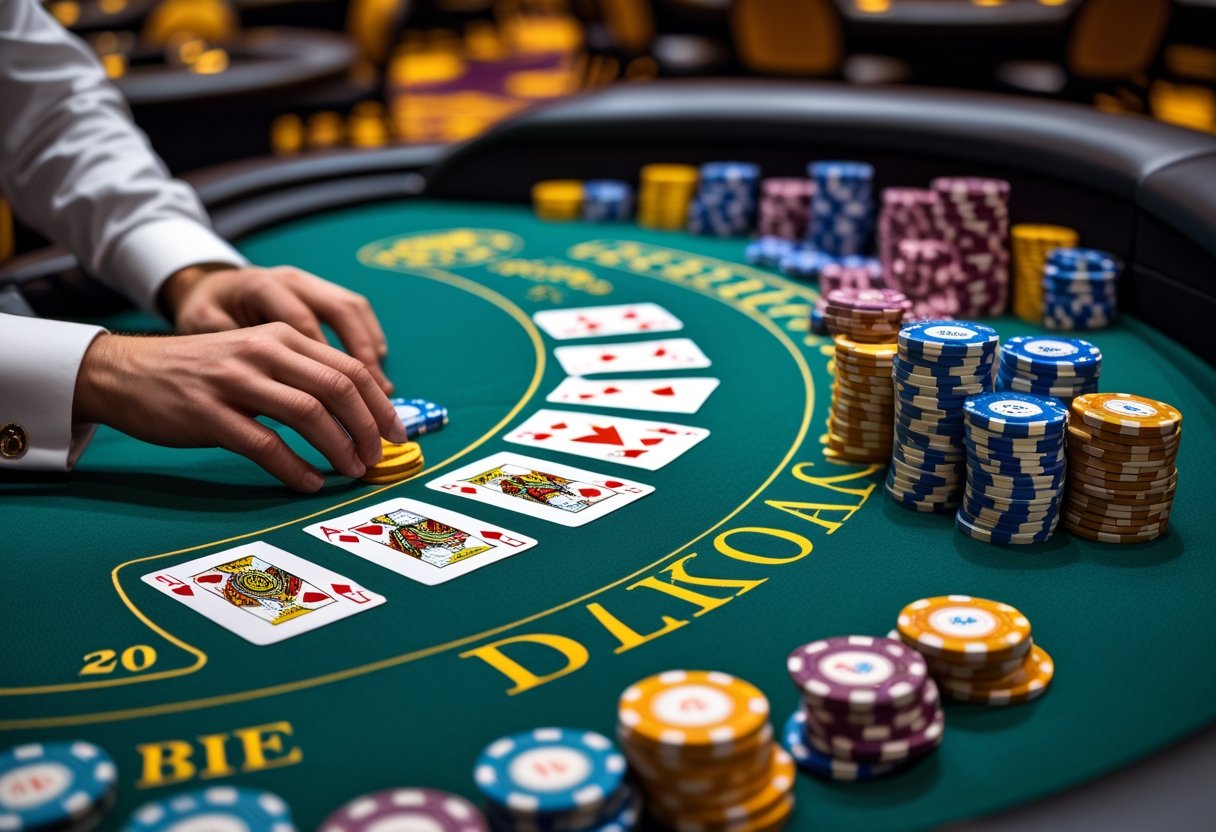A blackjack table with playing cards and poker chips, with a dealer's hand placing a chip.