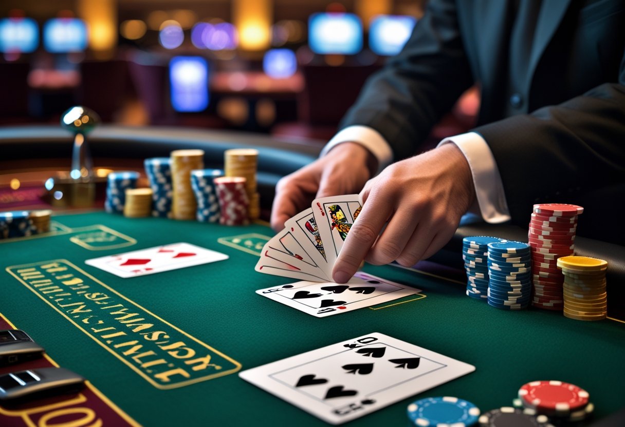 A blackjack table with playing cards and chips, and a dealer dealing cards in a casino setting.