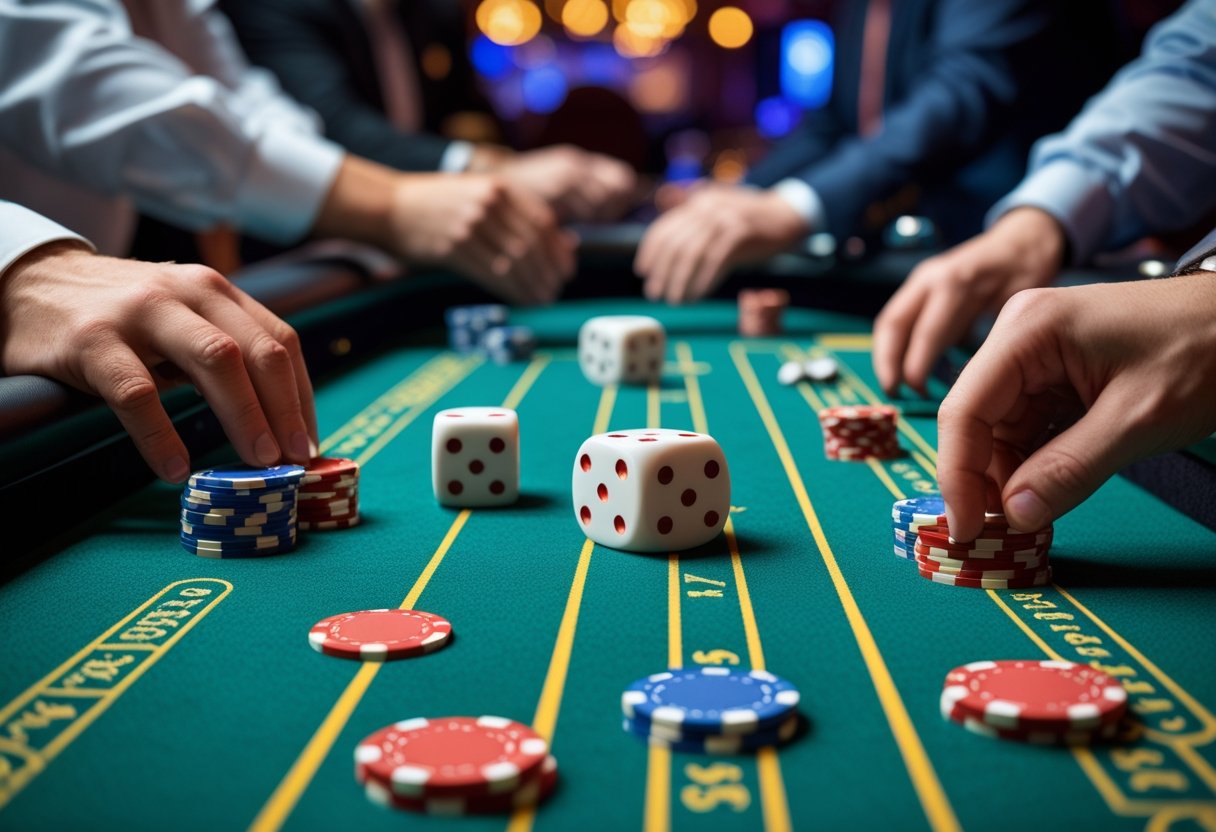 A craps table with dice rolling and players placing bets in a casino.
