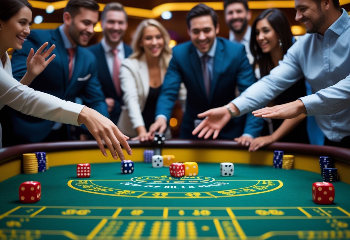 People playing a game of craps at a casino table with dice rolling on the felt surface.