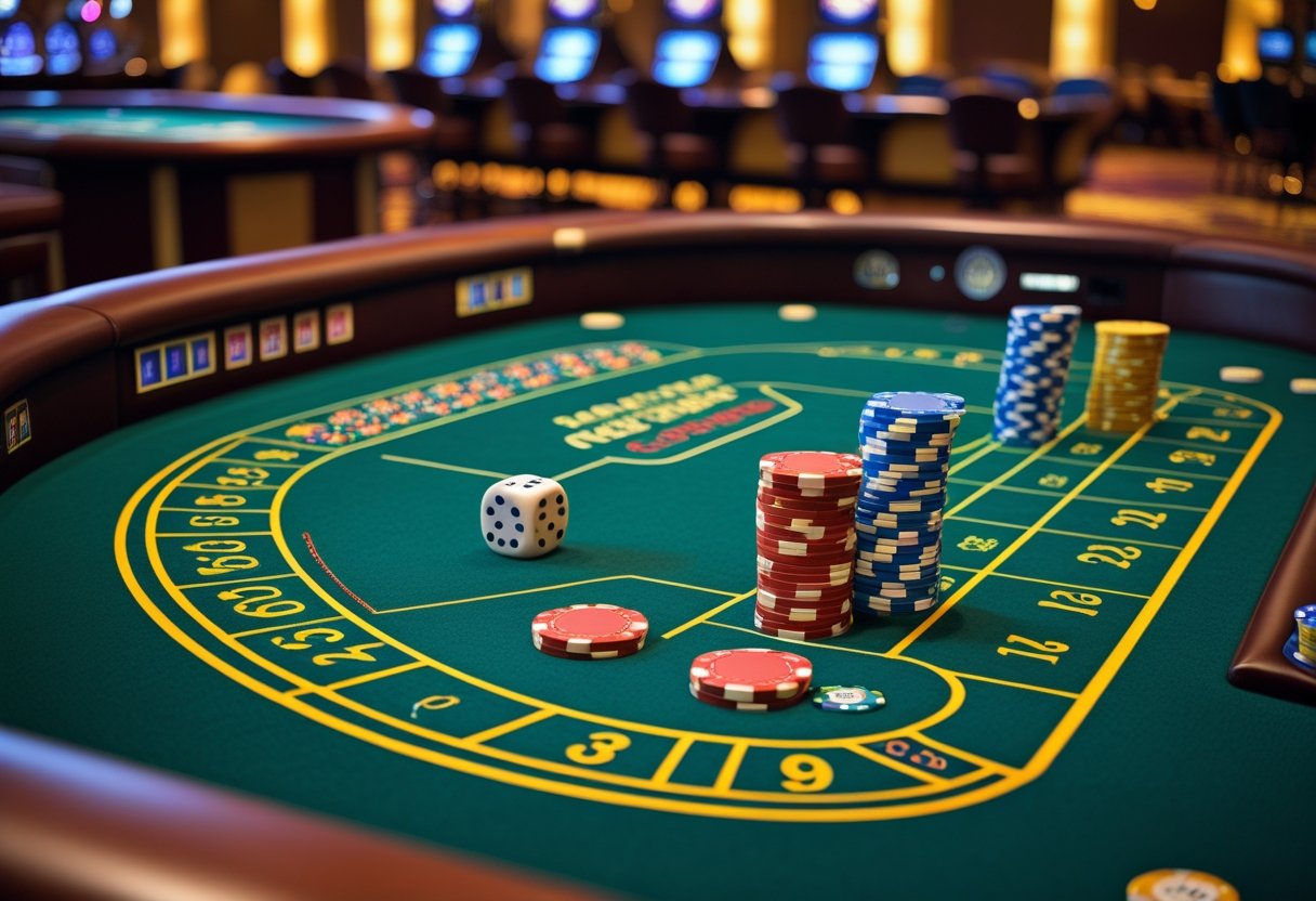 A craps table with betting layout, colorful casino chips, dice, and a dealer's stick in a casino setting.