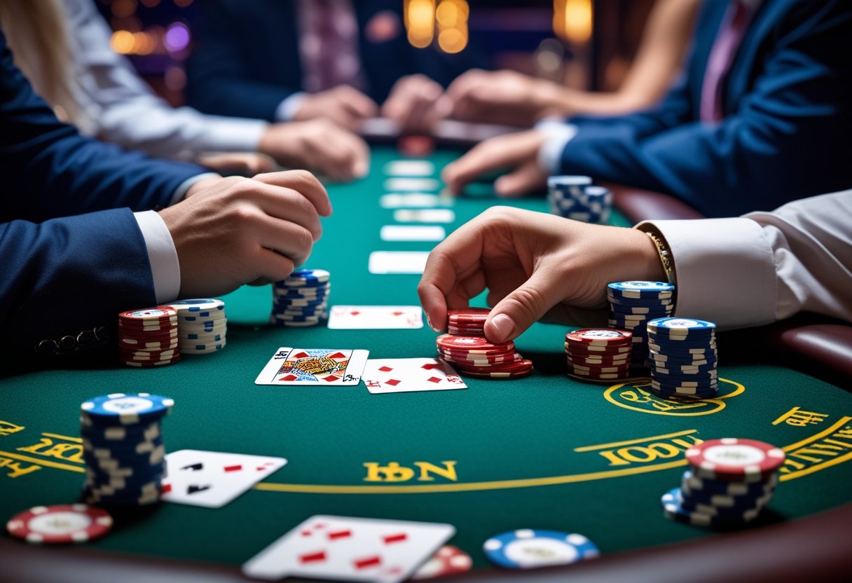 Close-up of a poker table with players holding cards and stacks of chips during a game.