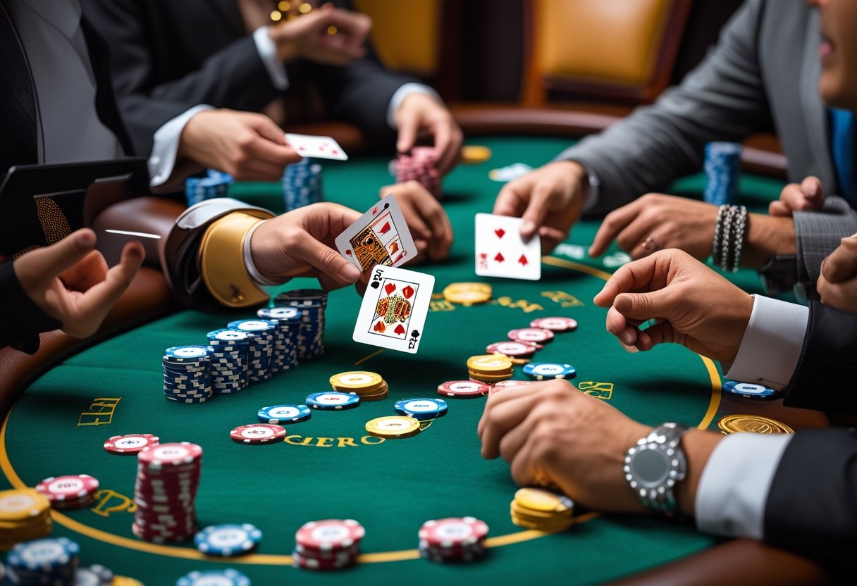 Hands of players holding cards and poker chips around a green felt poker table during a game.