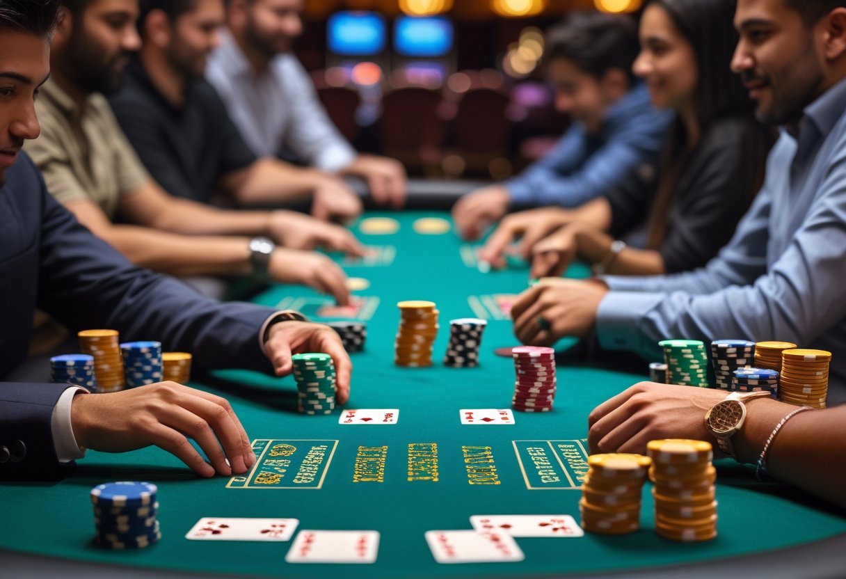 A group of people playing different types of poker games around a green felt table with chips and cards.