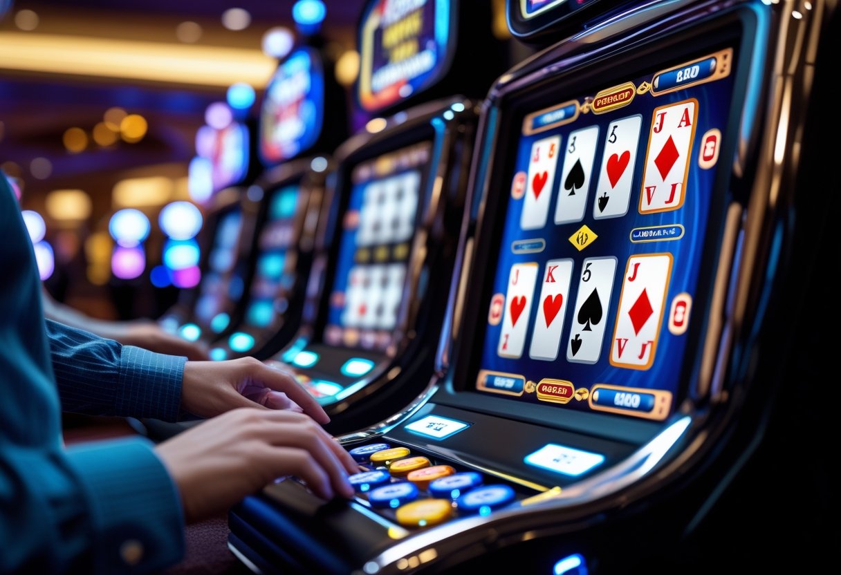 A person playing video poker on an electronic gaming machine in a casino.