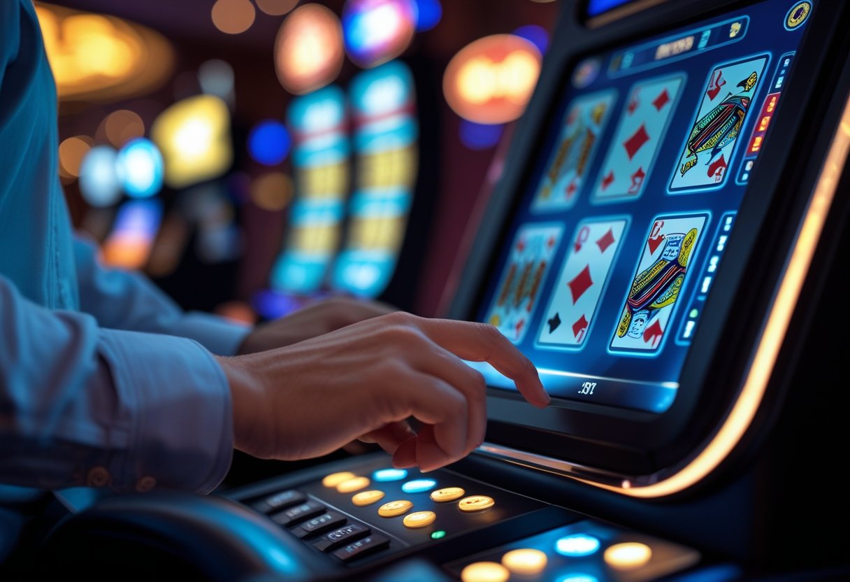 Close-up of hands playing video poker on a touchscreen machine in a casino.