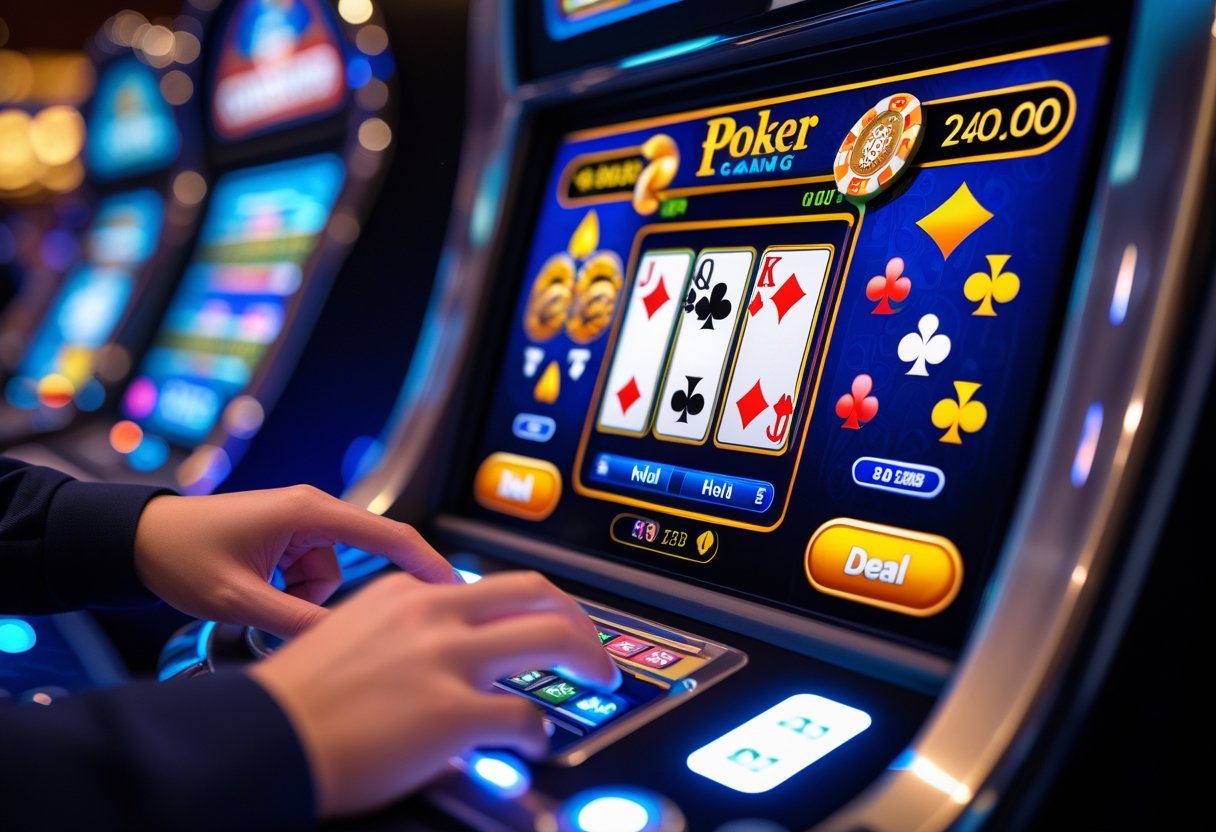 Close-up of a person playing video poker on an electronic gaming machine in a casino.