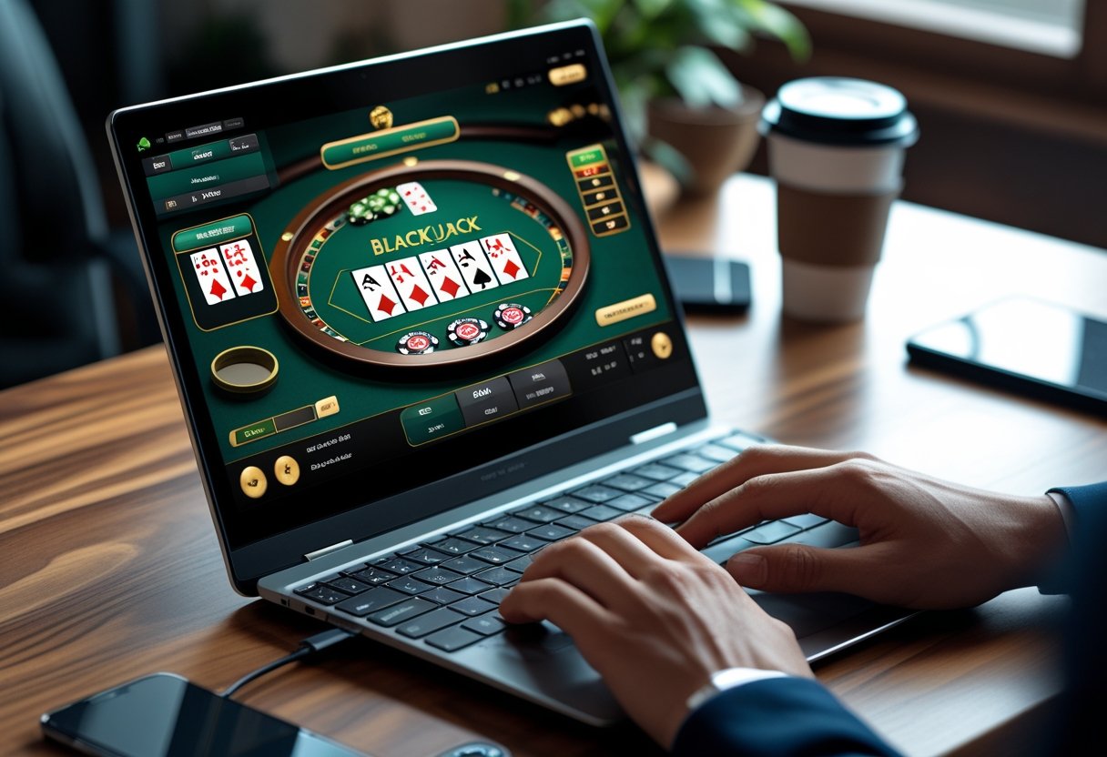 A person playing an online blackjack game on a laptop at a desk with cards and chips visible on the screen.
