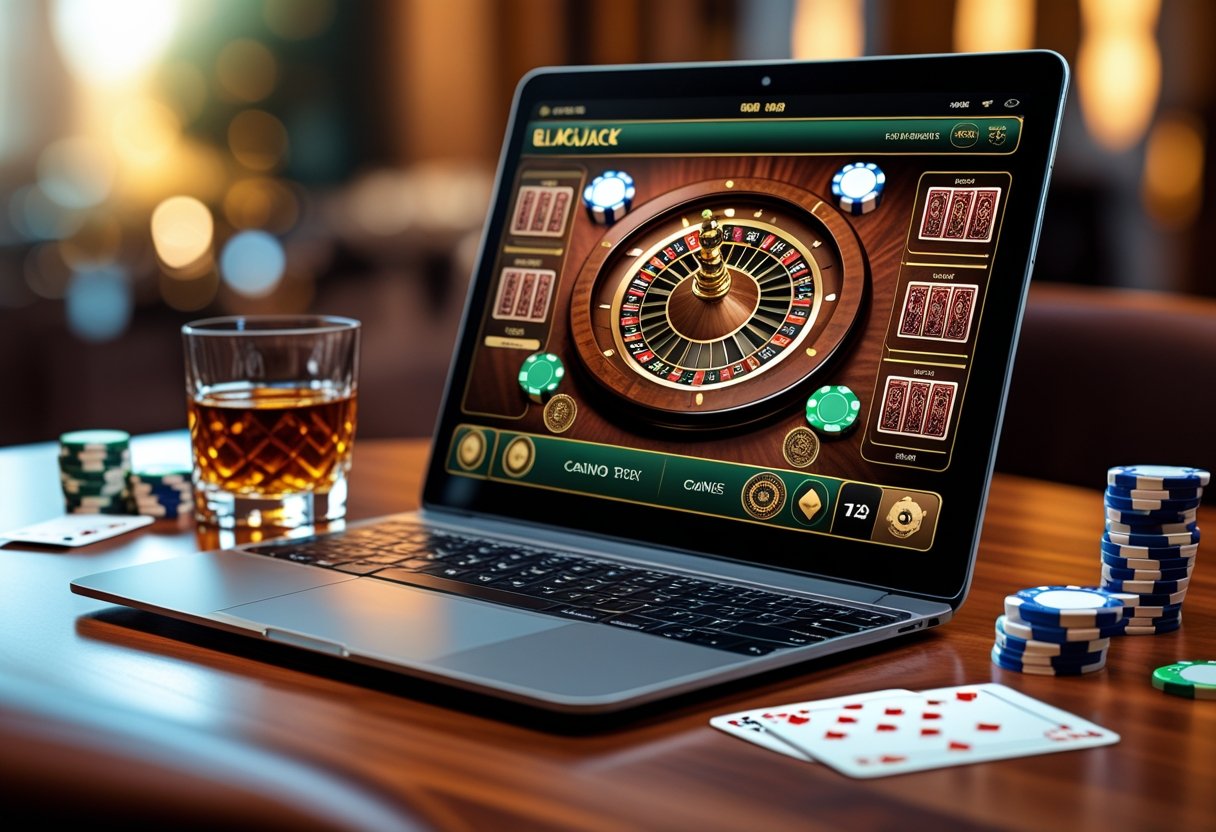 A laptop on a wooden table showing an online blackjack game with cards and chips on the screen, surrounded by poker chips and playing cards.
