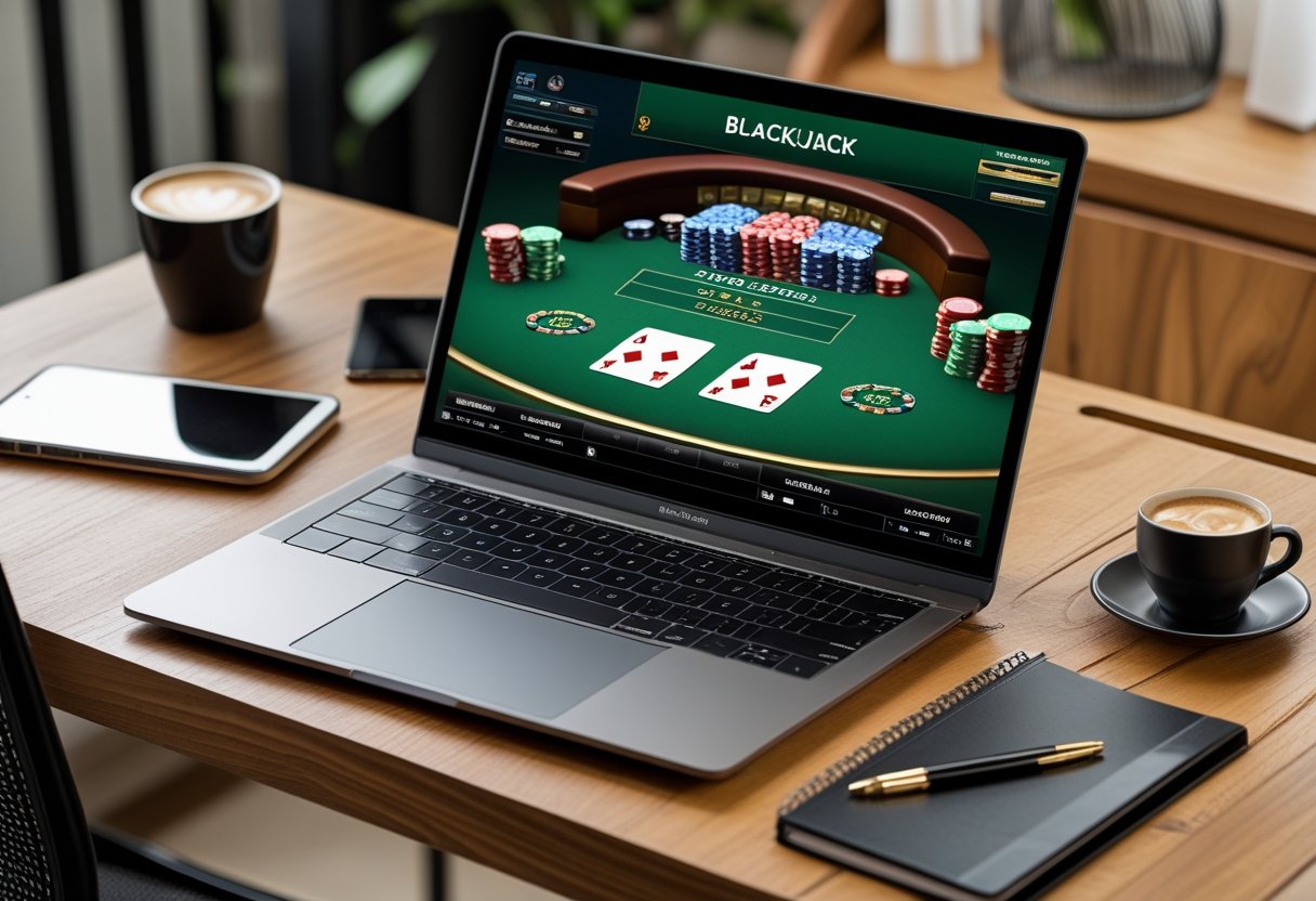 A laptop on a wooden desk showing an online blackjack game with cards and chips, surrounded by a coffee cup, smartphone, and notebook.