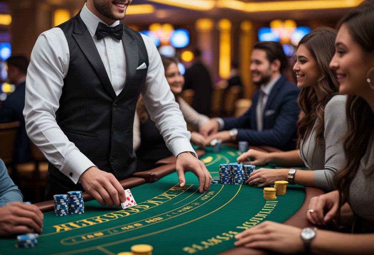 A dealer dealing cards at a blackjack table with players around in a casino.