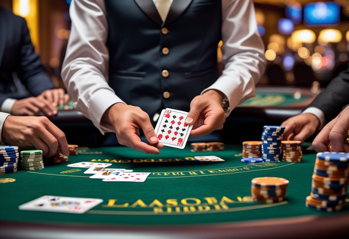 A dealer distributing cards at a blackjack table with players' hands and chips visible in a casino setting.