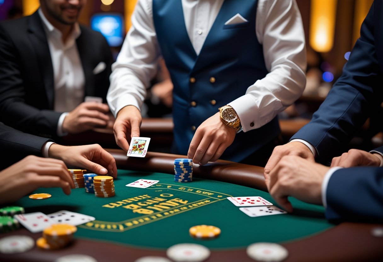 A dealer and players engaged in a live blackjack game at a casino table with cards and chips.